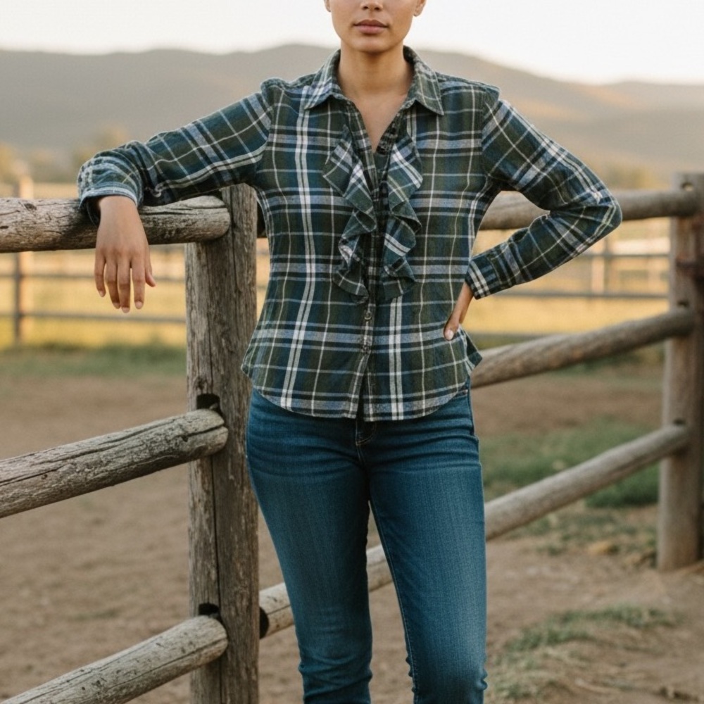 Abercrombie & Fitch Green Plaid Ruffle Button Up Blouse‎ M Western Rodeo Vintage